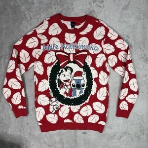 Disney Lilo & Stitch Mele Kalikimaka Red Knit Graphic Pullover Sweater M Lg